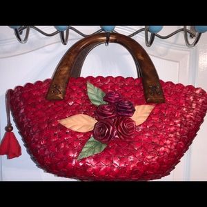 New Red Basket Flower Purse with Wood Handles